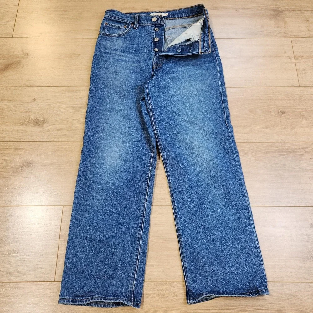 Levis Ribcage Straight Jeans‎ Womens 28x27 Medium Wash High Rise Stretch Denim